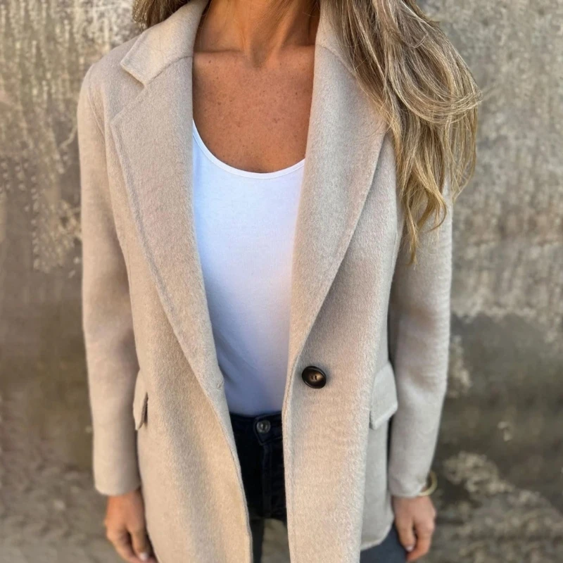

573B Comfortable Ladies Polyester Coat Button Closure Flap Collar Warm Lined