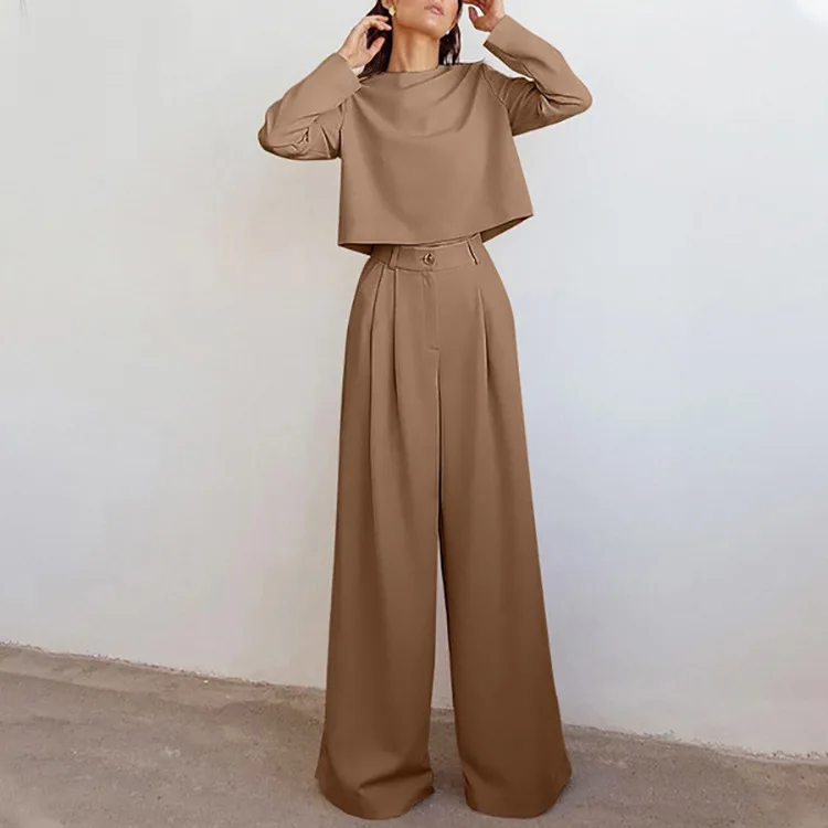 2024 Spring And Autumn Pants Suit Temperament Commuting Brown Fashion Long Sleeve Solid Color Cotton Two-piece Set