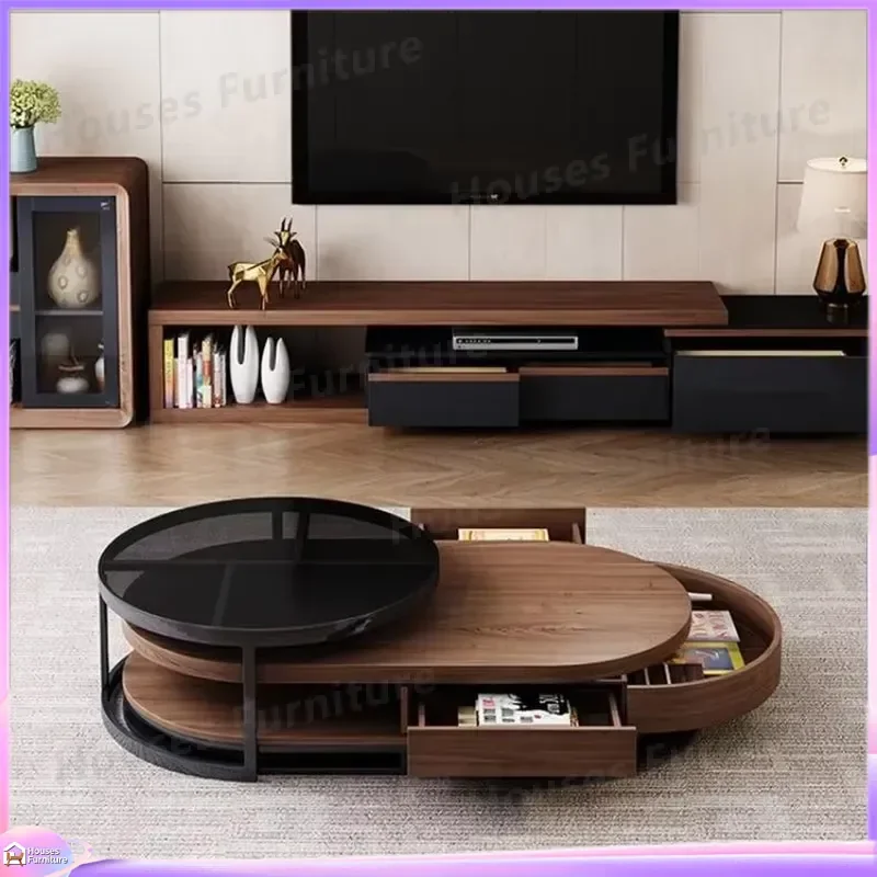 270 Modern Round Glass Wood Nesting Coffee Table Set Luxury Living Room Furniture Center Side End Tables Home Decor Small