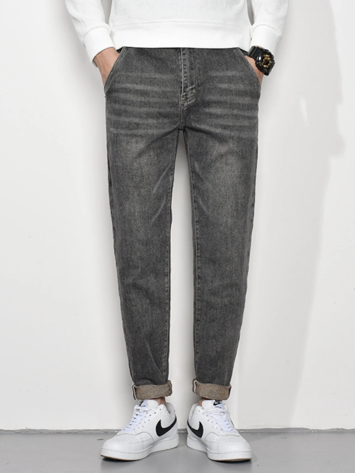 

Мужские джинсы Slim Fit, черные, серые, весенне-осенние, повседневные, с эластичной талией, из смеси хлопка и полиэстера, износостойкие, прямые брюки