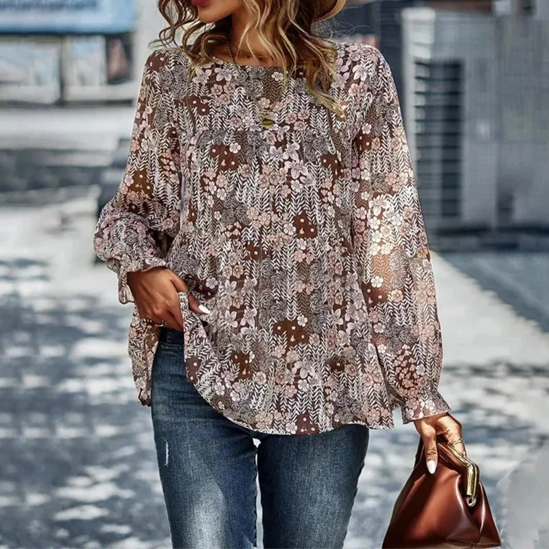 

Large size women's printed long sleeved round neck shirt, casual loose top, soft fabric, suitable for work and vacation wear