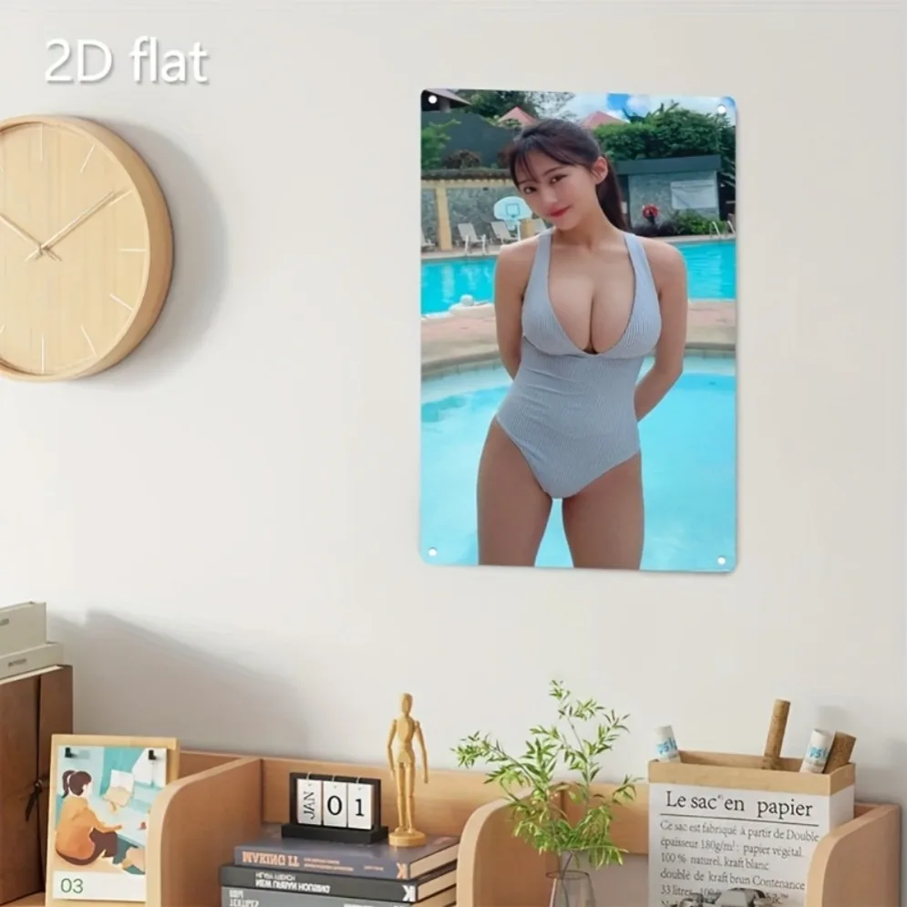Sexy Asian Woman In Gray Ribbed One-Piece Swimsuit High Definition Tin Sign Poolside Background Wall Art Decor