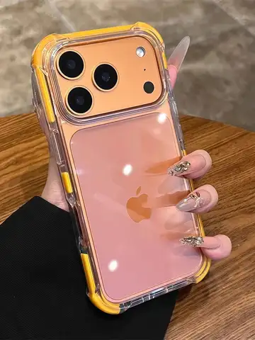 For iPhone 17 Air 16 15 14 Pro Max Transparent Clear Ultra Thin Acrylic Armor Case Four Corner Shockproof TPU Orange Back Cover