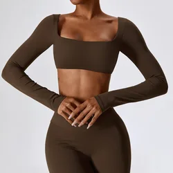 Tops cortos de Yoga para mujer, camisetas deportivas sólidas de manga larga para correr, Sexy, ombligo expuesto, secado rápido, ropa deportiva para gimnasio y Fitness