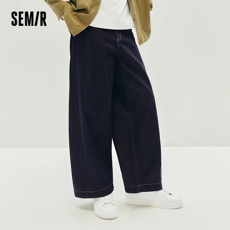 Semir Men Jeans Loose Curved Wide Leg Dark Cuffed Hem Retro Casual Style Autumn Denim Pants Urban Daily Wear 2026