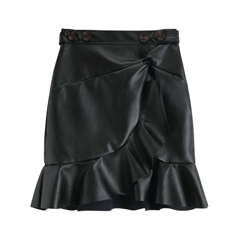 2023 Women Sexy Leather Black Skirt Fall Summer High Waist Trumpet Ruffles Y2k Indie Eelegant Wild Package Hip Lady Mini Skirt