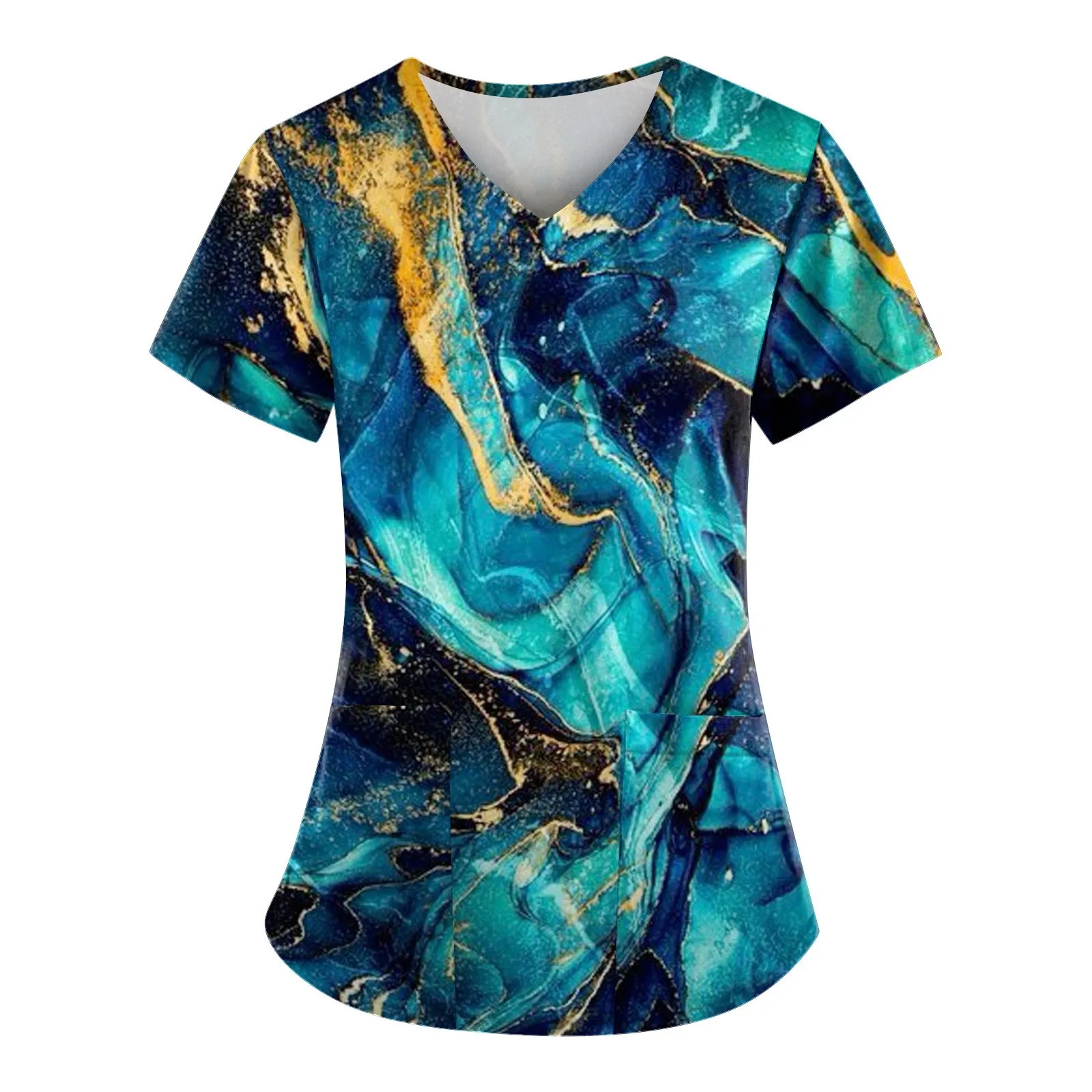 Casual Nurse Uniform Print Women Short Sleeve Tops V-neck Blouse Shirt Pocket Beauty Care Scrub Uniforms Enfermera Mujer