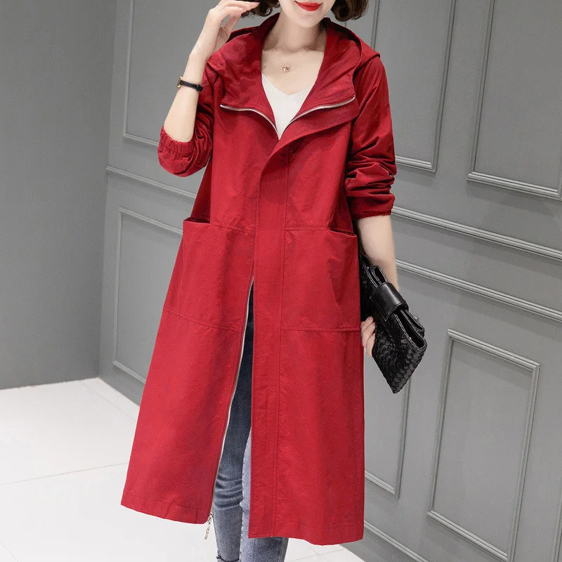 Korean Hooded Windbreaker Coat Women Spring Autumn 2024 New Fashion Middle Length Overcoat Casual Loose Trench Coat Female