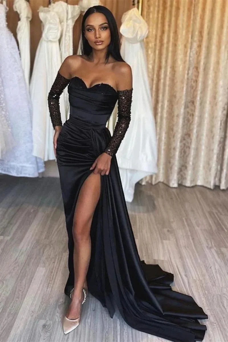 

Custom Sexy Front Split Arabic Women Black Evening Dresses Elgant Sweetheart A Line Backless Prom Dress Black Girls Met Gala V