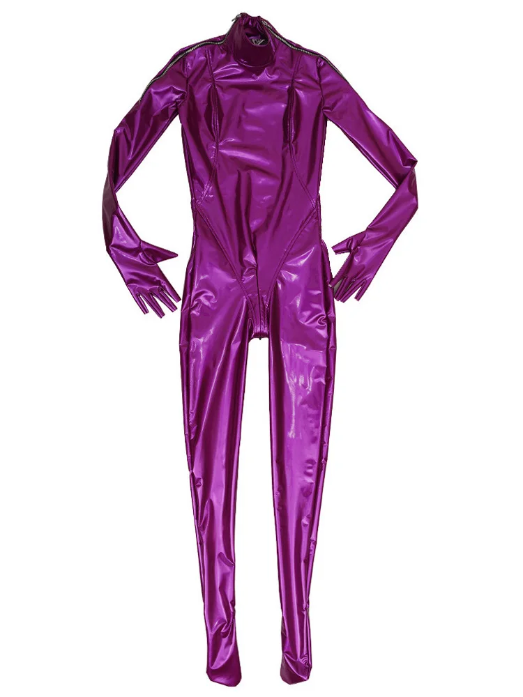 Sexy Women PVC Wetlook Shiny Full Bodysuit Latex Elasitc Sexy Tight Zipper Open Crotch Half Finger Gloves Cosplay Leotard