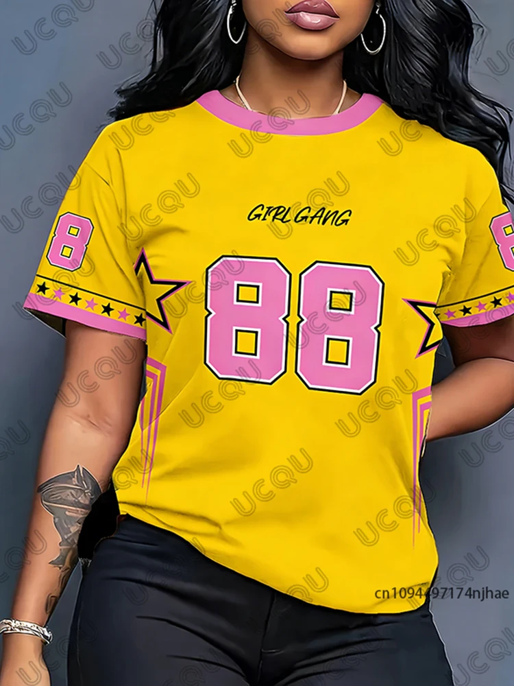 เสื้อยืดพิมพ์ลาย New Star Number 88 สำหรับผู้หญิง คอลเลคชั่นฤดูร้อน 2026 คอกลม แขนสั้น สไตล์เสื้อฟุตบอล Y2K ทรงหลวมโอเวอร์ไซส์