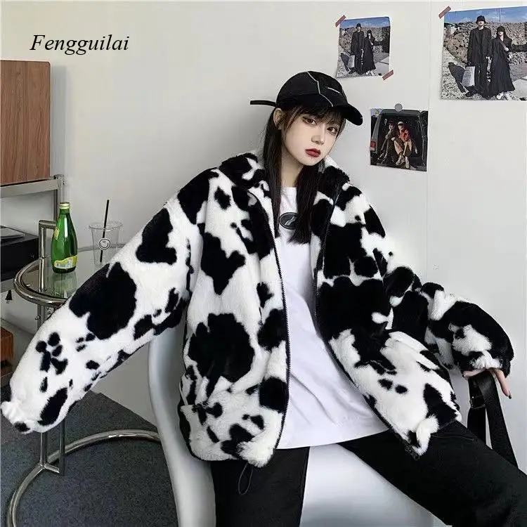 Men Street Wear Cow Print Zipper Cardigan Coats Autumn Winter Harajuku Loose Couple Coat Outwear Lapel Jacket