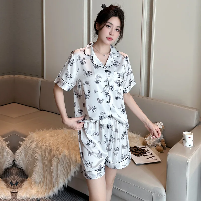 Summer New Ice Silk Thin Sleepwear Short Sleeve Shorts Home Clothes Set for Young Women Polyester Fiber Comfortable Homewear