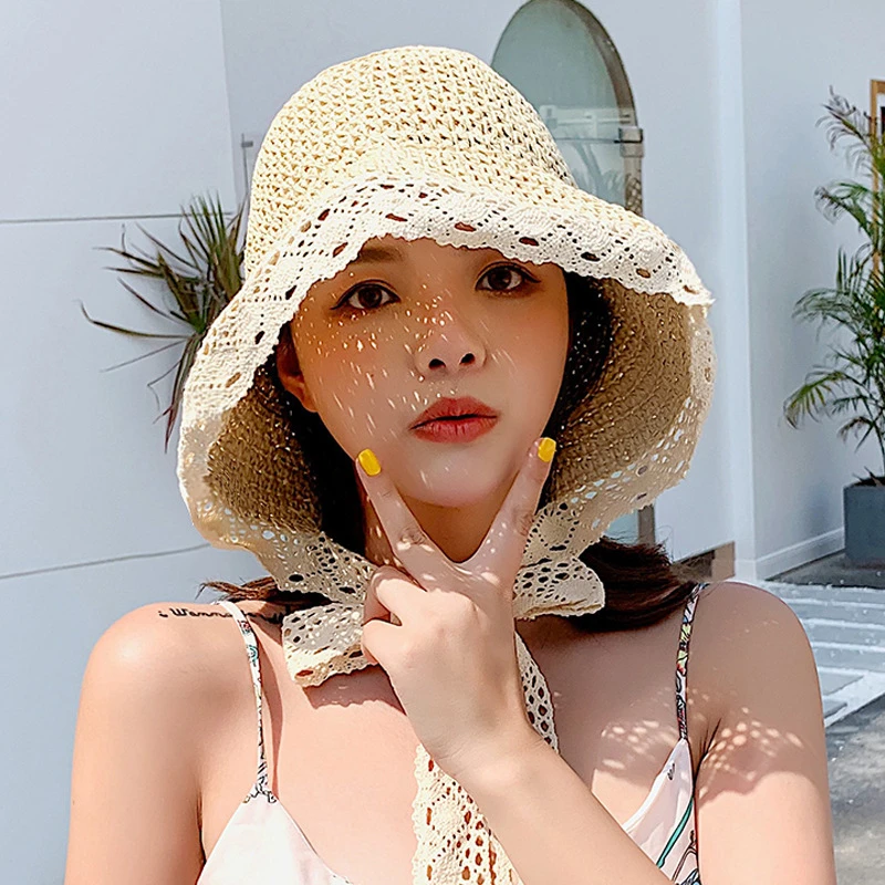 Summer Hats for Women Sun Hat Beach Lace Ribbon Hat Holiday Beach Straw Paper Lady Outdoor Travel Cap Women Bucket Hat Foldable