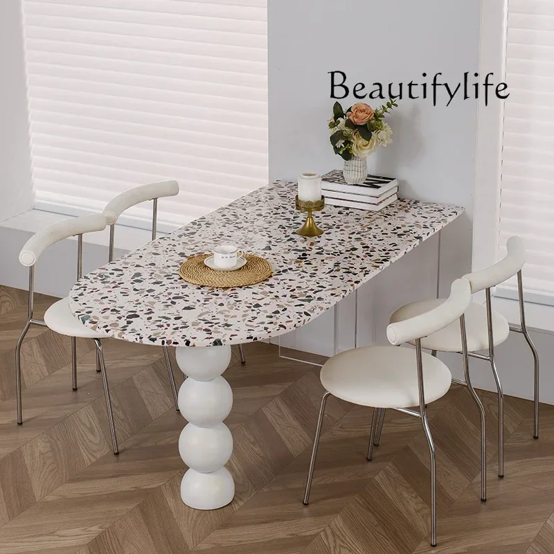 French Style Terrazzo Cream Style Semi-Oval Marble Dining-Table Acrylic Suspension Kitchen Island Dining Table