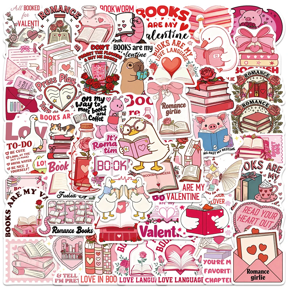 

10/30/50pcs Pink Valentine's Day Bookish Cartoon Stickers Cute Reading Book Decal for Skateboard Phone Guitar Waterproof Sticker