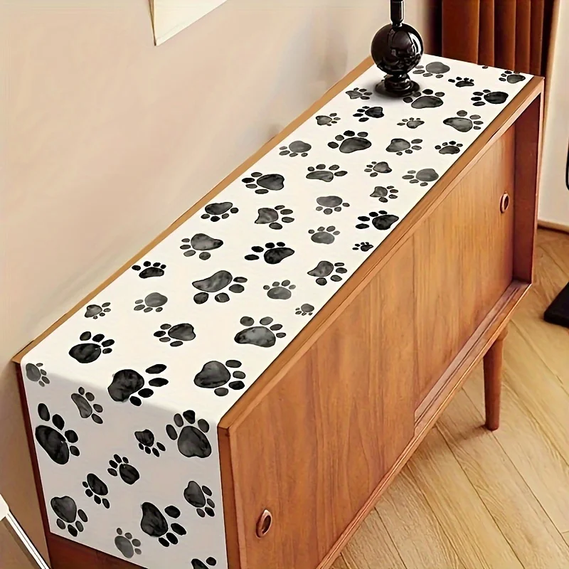 Black White Dog Paw Printed Linen Table Runner Puppy Birthday Party Decor Washable Farmhouse Kitchen Table Runners Home Decor