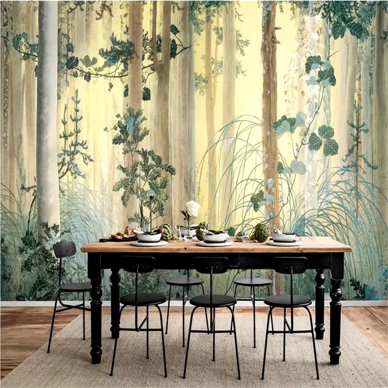 

Пользовательские обои 3d Роспись ручной работы деревья пасторальные цветы Гостиная береза Дерево лес фон стены Фотообои