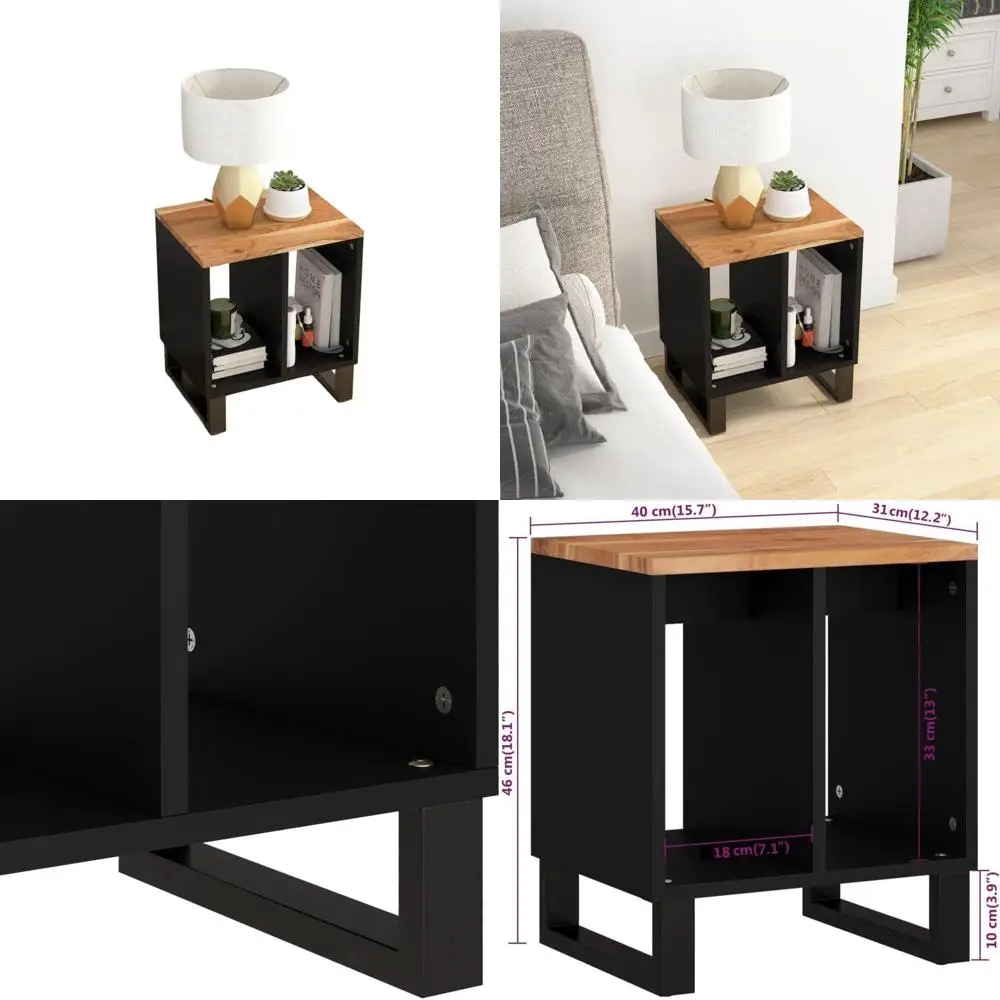 

Прямоугольный приставной столик из акации с масляной отделкой, черными ножками и 2 полками для хранения, идеально подходит для гостиной или спальни