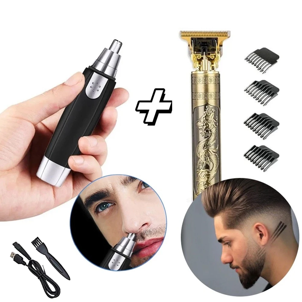 Kit Barbeiro Profissional: Máquina de Cortar Cabelo e Barbeador Elétrico Recarregável Tema Dragão - Presente