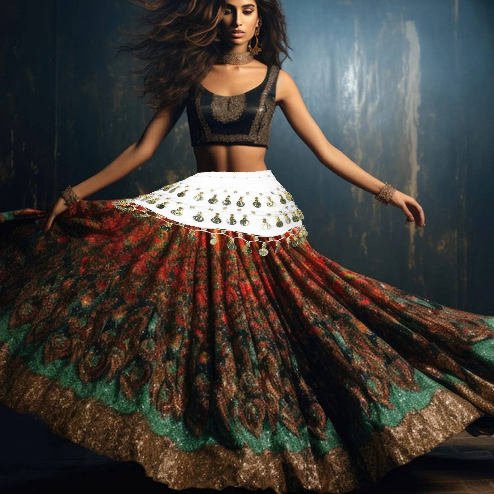 

Lightweight 3-Layer 72-Coin Belly Dancer Chain Belt Chiffon Hip Scarf for Women Elegant Movement Enhancing Dance Accessory