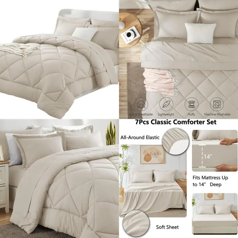 

Beige California King Bedding Set: 7-Piece Comforter, Sheets, Pillowcases & Shams for All Seasons Luxury