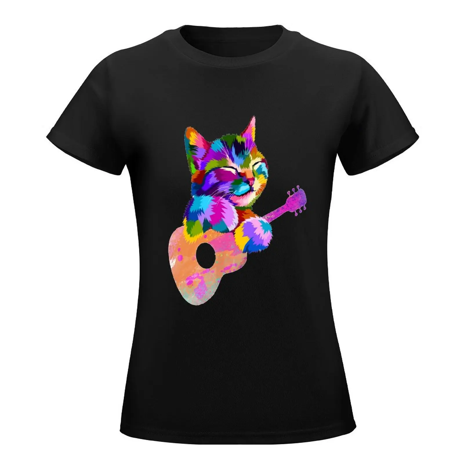 Cat Playing Guitar Kitten Plays Guitarist Cat Splash Art T-Shirt Short sleeve tee summer top summer clothes Woman clothes