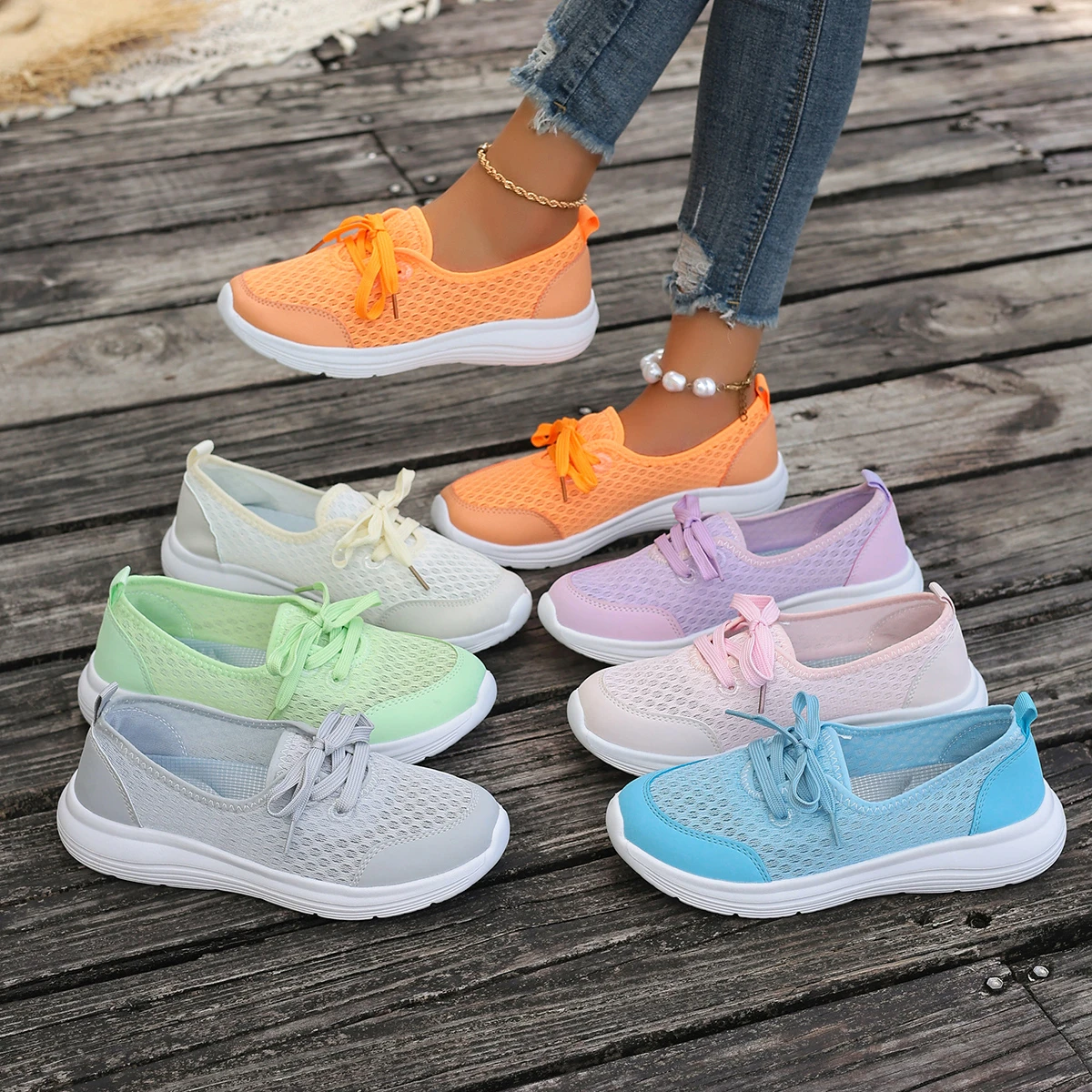 Women Walking Shoes Breathable Mesh Lightweight Non Slip Multicolor Casual Sneakers For Daily Outdoor Work