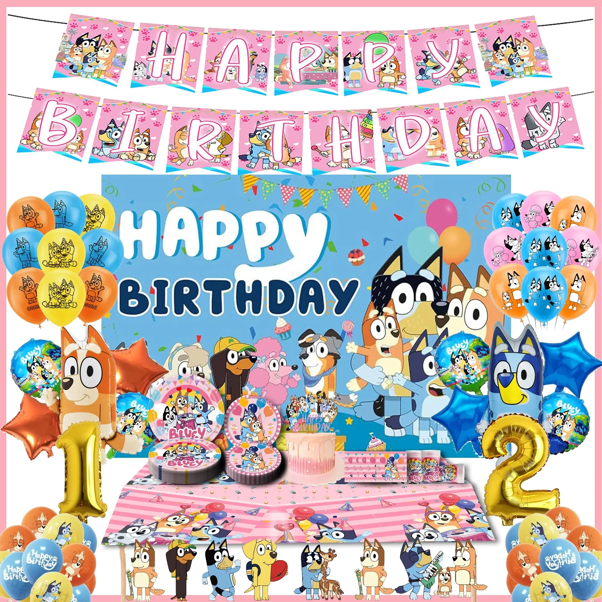 Bluey familia perro bonito plato de cubiertos para fiesta de cumpleaños cartel desechable pastel Topper colgante bandera globos conjunto decoraciones de cumpleaños