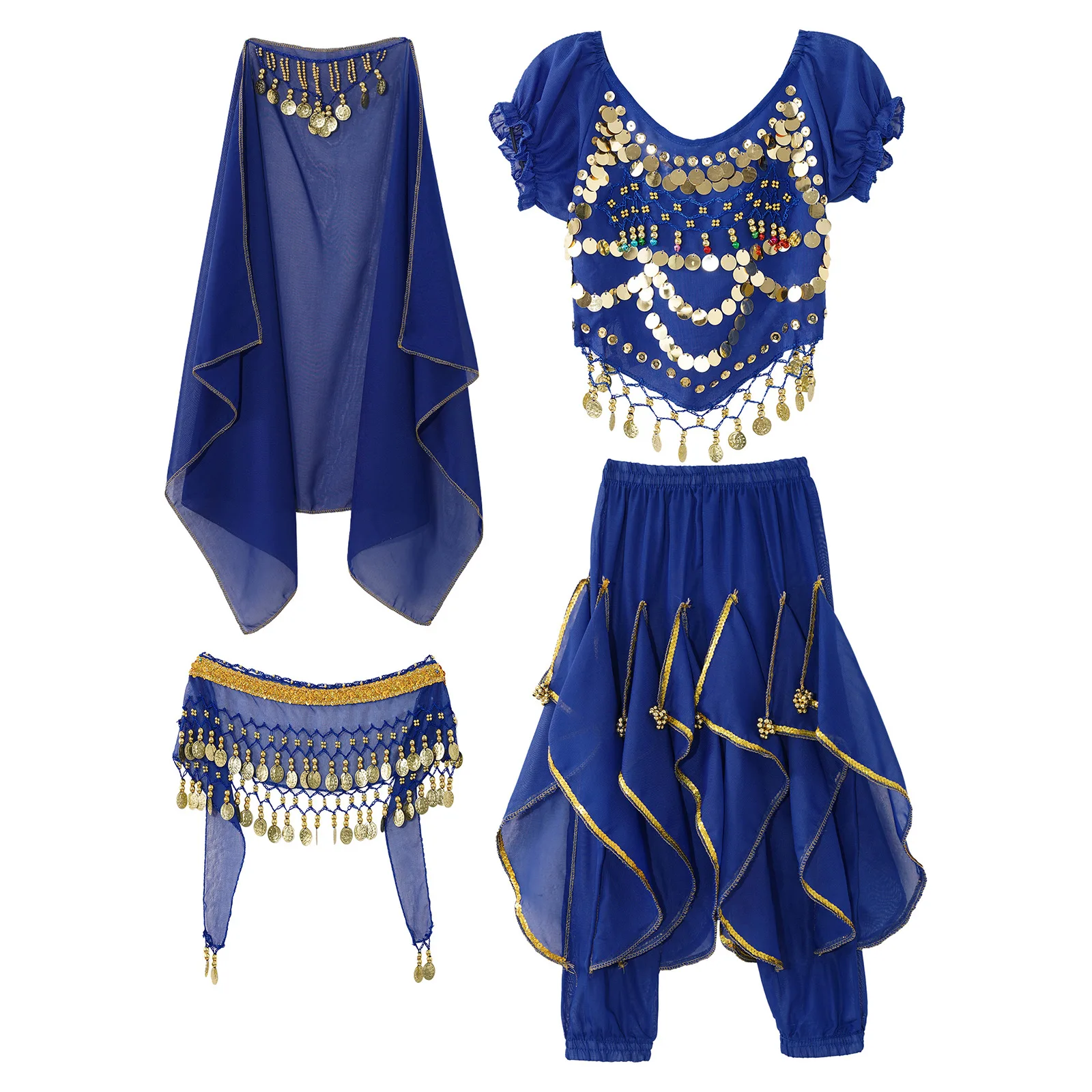 Kids Girls Belly Dance Costumes Lace-up Puff Sleeve Crop Top+Ruffled Pants+Hip Scarf+Headscarf 4Pcs Outfit Belly Dancing Clothes