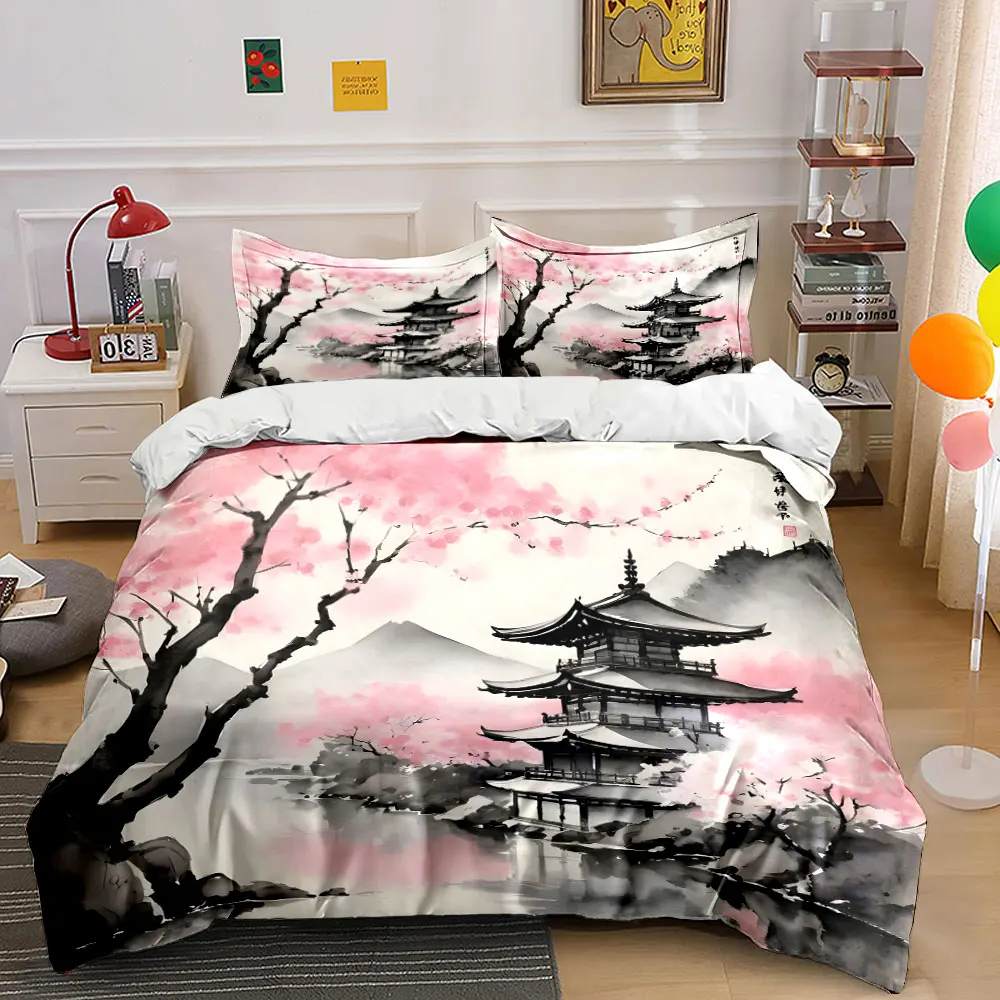 Pink Cherry Blossom Pagoda in Ink Painting Style Duvet Cover Set Digital Print Colorful Polyester Bedding with Zipper Closur