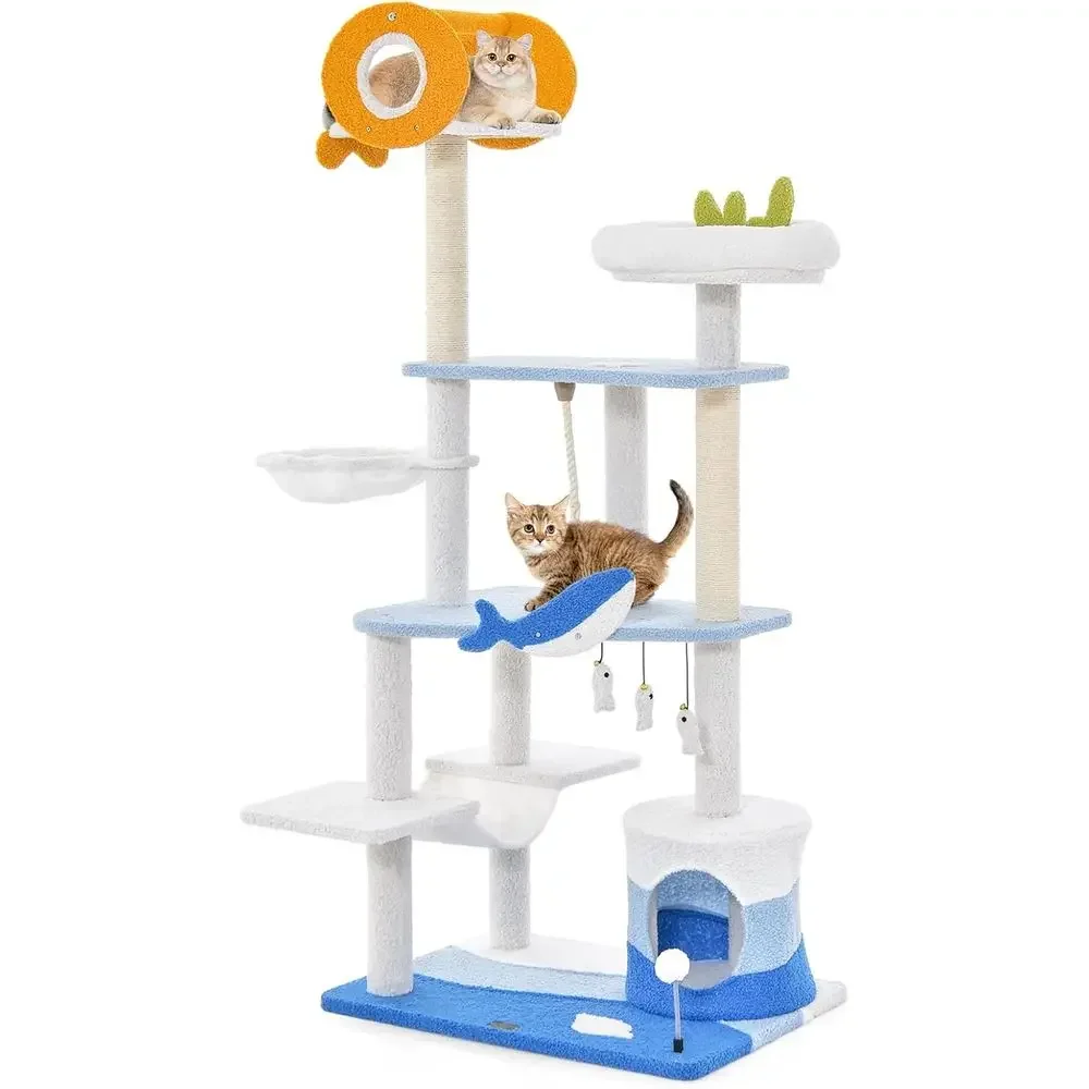 Ocean-Inspired 3-Level Cat Tower with Sisal Posts, Condo, Perch, Hammock, Toys, and Spring Ball for Indoor Cats (66 Inch)