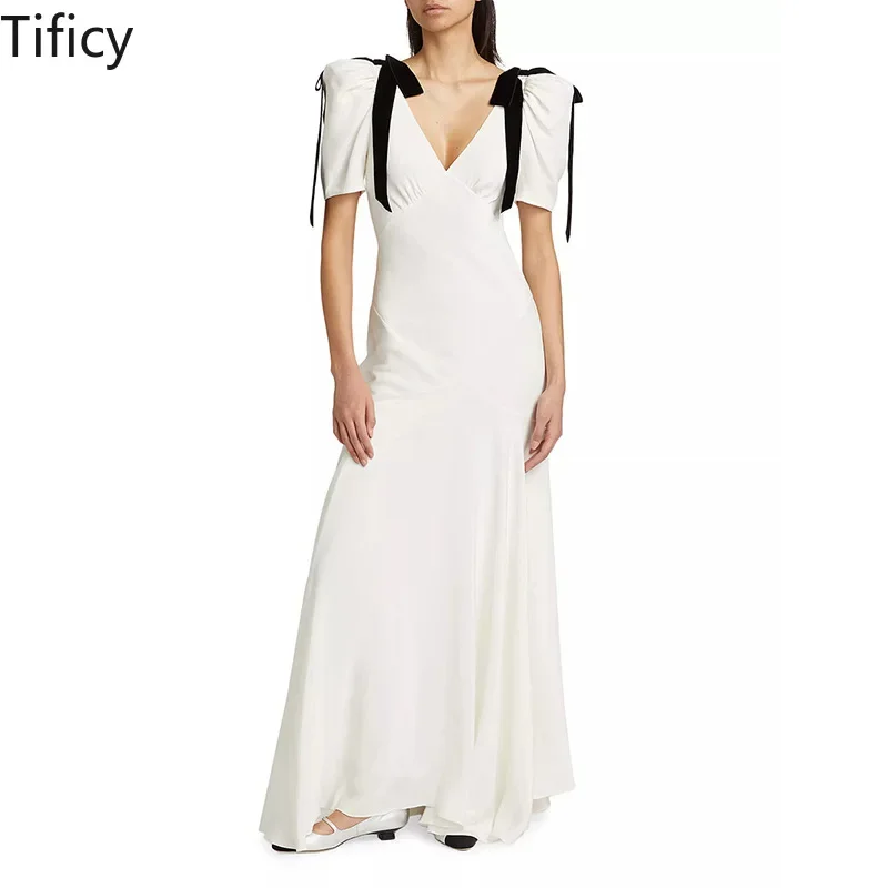 

TIFICY High Street Women's V-neck Bubble Sleeve Long Dress Female Niche Splicing Ribbon Design Long Party Elegant Long Dress