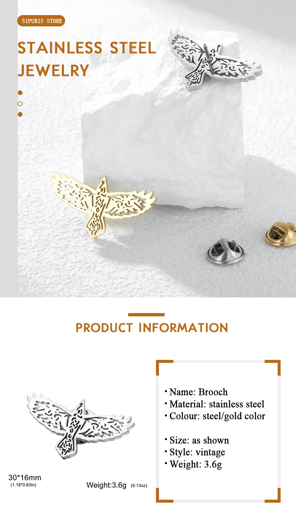 Sipuris Tierkrähen-Anstecknadel für Herren, Edelstahl, hohle Geometrie, minimalistischer Charme, Brosche, Schmuck, Geschenke, trendig – Detail 3