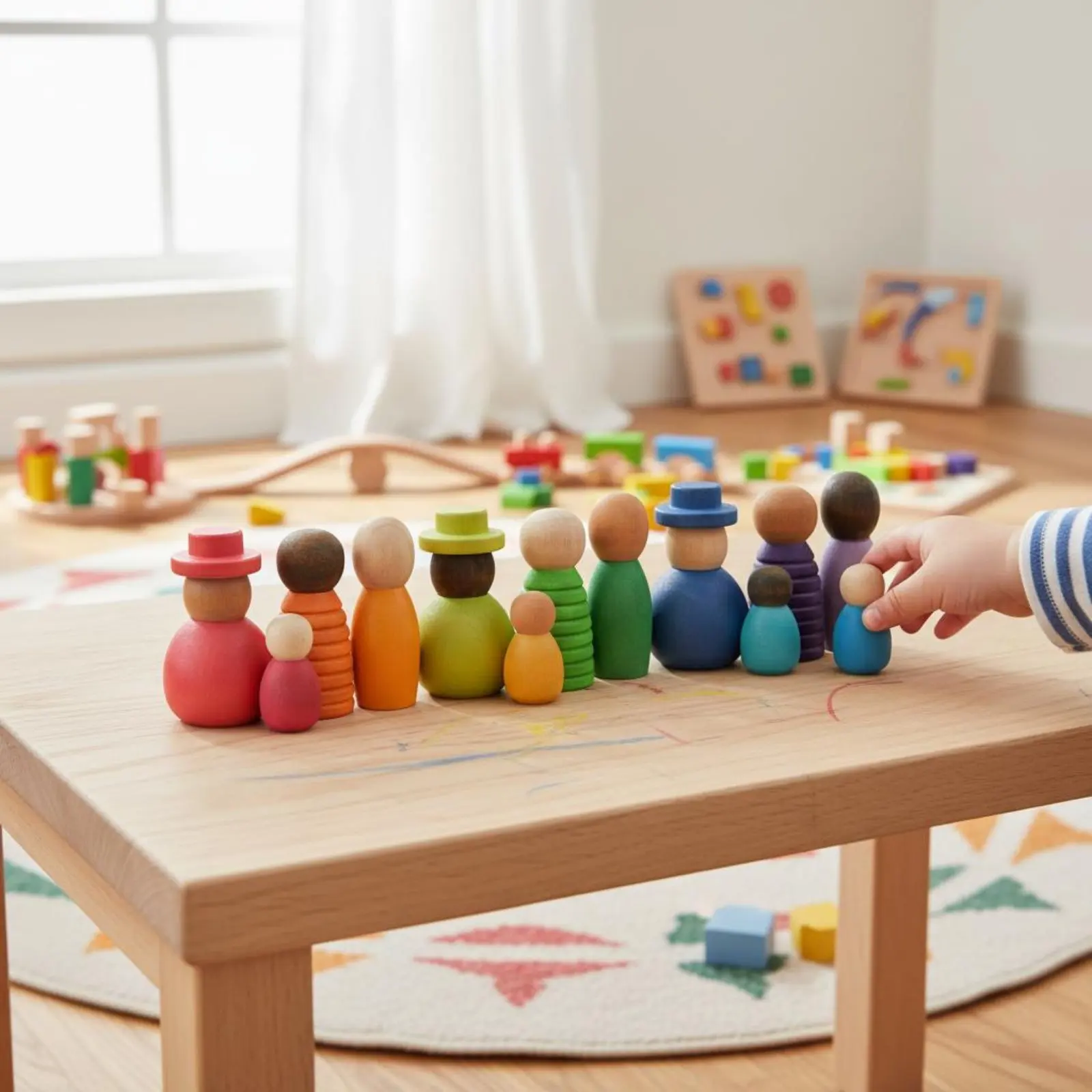 12個のカラフルな木製家族フィギュア-早期教育-子供中心のレインボーフィギュア-ごっこ遊びフィギュア-丈夫な木製