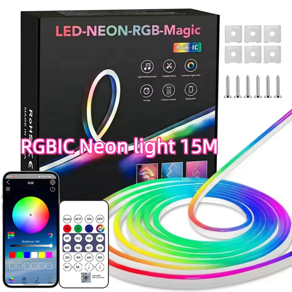 15M RGB Flexible LED Strip Lights USB Neon Rope Lights Remote App Control Music Sync Color Change Gaming Room Party Decor DIY Design IP65