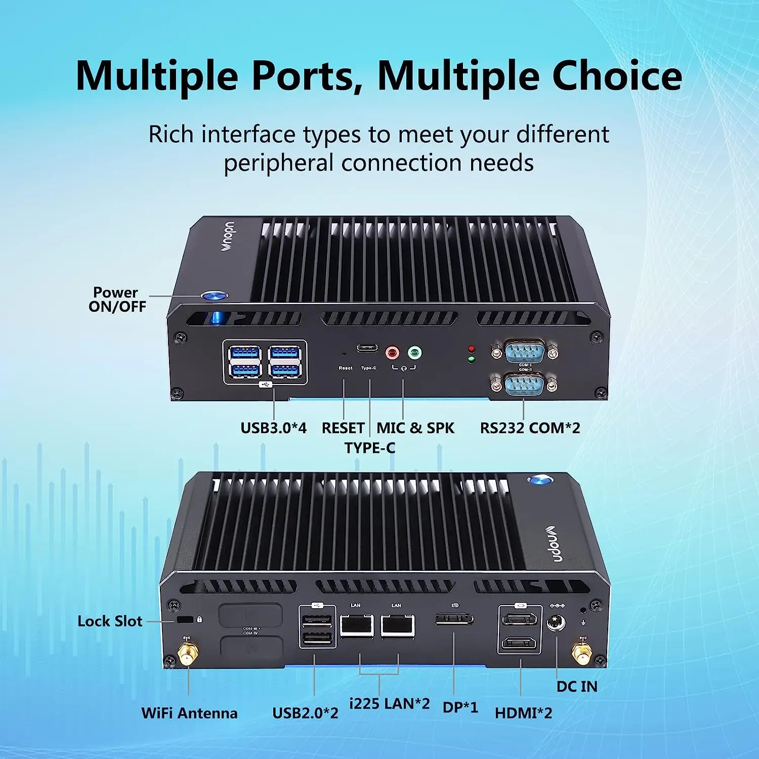 VNOPN Industrial Embutido Mini PC, Fanless, Robusto Barebone, J4125, i5, 10210U, Win, Linux, Wi-Fi