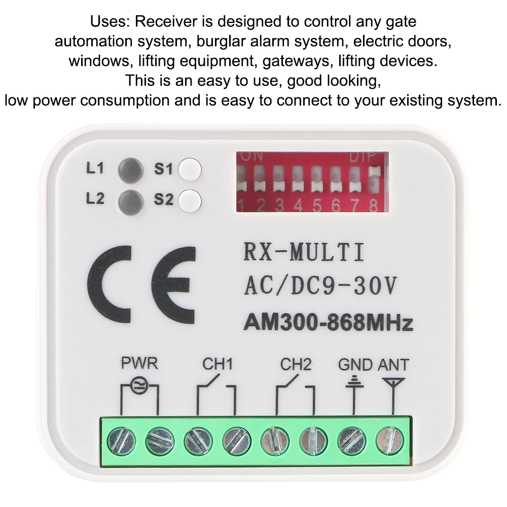 Garage Door Receiver RX Multi 300-900MHz Universal For 433MHz 868MHz Gate Remote Control Switch Module Relay AC/DC 9-30V