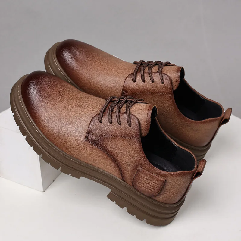 Spring Autumn Cow Leather Platform Shoes for Men New Designer Fashion Causal Solid Color Men\'s Dress Shoes Ankle Boots Male