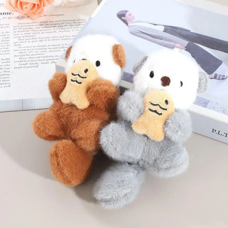 Size 15cm Plush Otters Holding Fish Keychain Fashion Backpack Animal Keyrings Bag Key Wallet Pendant Toy Girls Gift