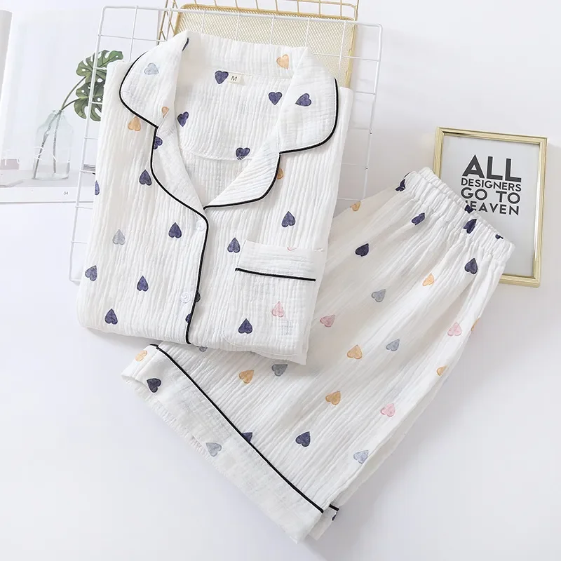 Japanese summer new ladies cotton gauze short sleeve shorts pajamas suit cute heart-shaped thin section home service suit woman