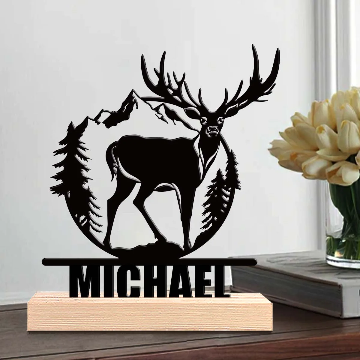 1pc Personalized Retro Iron Statue Decoration Customizable Content With Wooden Base Home and Office Decorations,Christmas Gifts