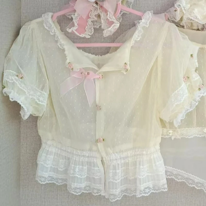 

Summer Kawaii Lolita Shirts Women Sweet Ruffles O-Neck Puff Sleeve Lace Bow Chiffon Tops Girls Chic Rose Flower Button Blouses