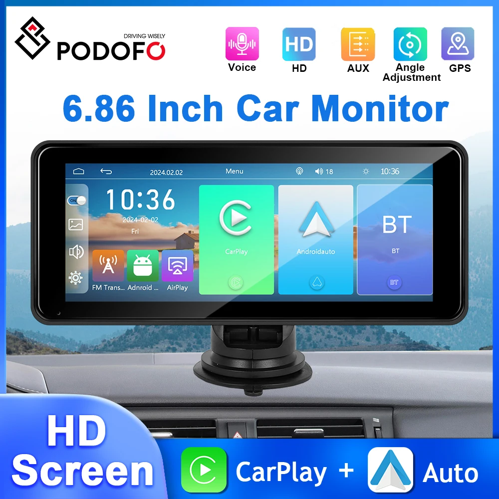 Podofo Carplay Smart Screen Player Android Auto 6.86'' Car Monitor AUX Audio Bluetooth EQ Dashboard Airplay Android Cast Car DVR