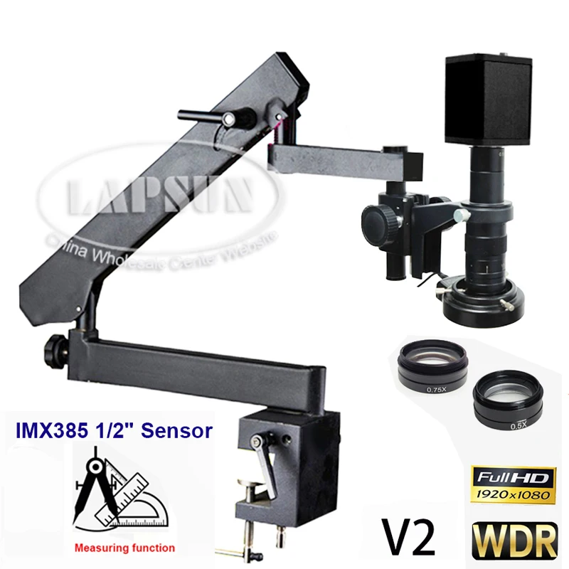 Lapsun 1080P 60FPS IMX385 V2 HDMI WDR Industry C-Mount Camera + Measurement + Microscope Articulating Stand Clamp 0.75X Aux Lens