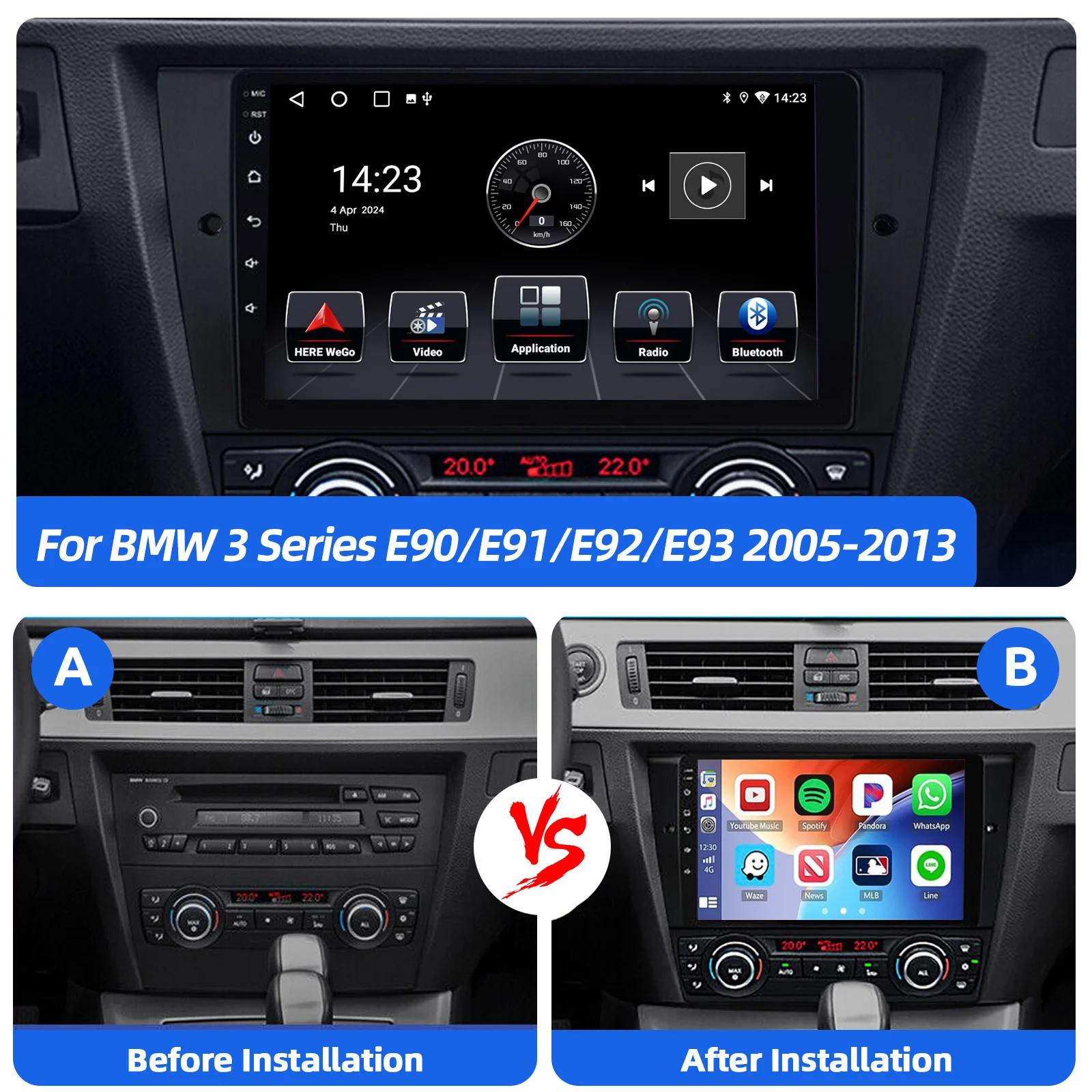 64G Android14 CarPlay For BMW 3 Series E90 E91 E92 E93 2005-2013 9" Car Stereo GPS Navi WiFi Bluetooth FM Radio IPS Touch Screen