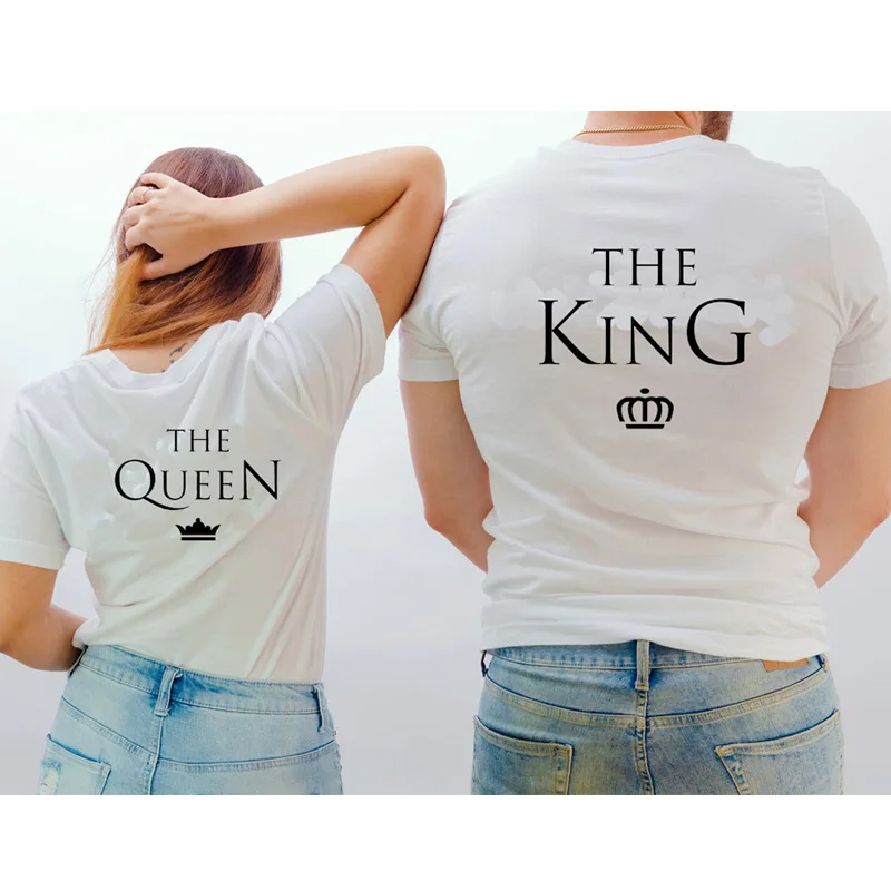 The King Queen Back Printed Couple T Shirts Cotton Short Sleeve Lover Gift Harajuku Valentine's Day Clothes Tops Dropshipping