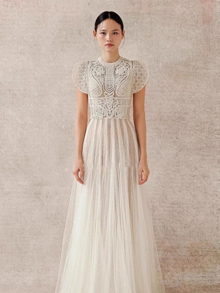 2025, modisches gewebtes dreidimensionales grafisches langes Kleid für Damen, fliegende Ärmel, Ballkleid, Gaze-Mesh-Kleid, Party