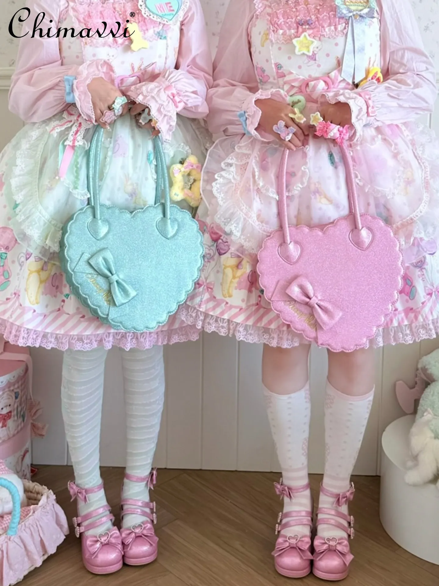 

Japanese Sweet Girl Sparkling Heart Bag 2026 Spring New Lolita Cute Lace Bowknot Handbag Women's Kawaii Princess Bags