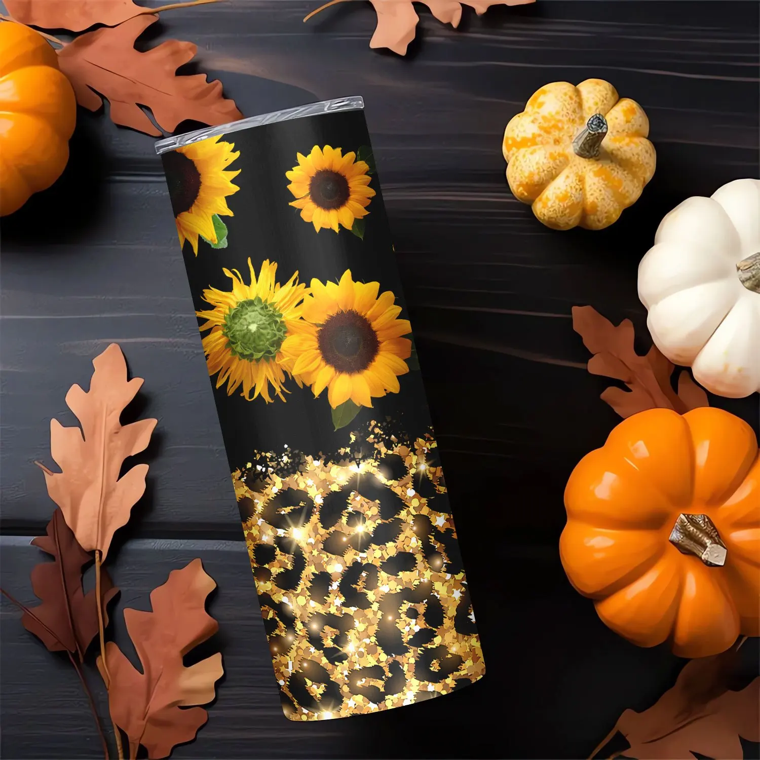 1pc 20oz Stainless Steel Tumbler, Sunflower & Leopard Print, Double-Walled Vacuum Insulated Cup with Lid and Straw, Portable Drinkware for Home, Travel, Outdoor, Summer & Winter, Hand Wash Only